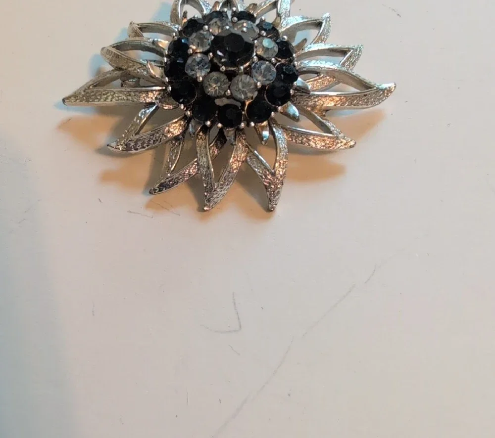 Vintage Signed Cora Silver Floral Crystal Brooch